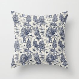 Bigfoot / Sasquatch Toile de Jouy in Blue Throw Pillow