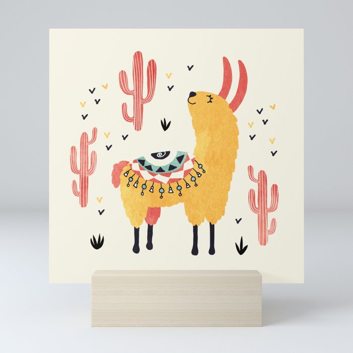 Yellow Llama Red Cacti Mini Art Print