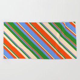 [ Thumbnail: Bisque, Red, Cornflower Blue & Forest Green Colored Stripes/Lines Pattern Beach Towel ]
