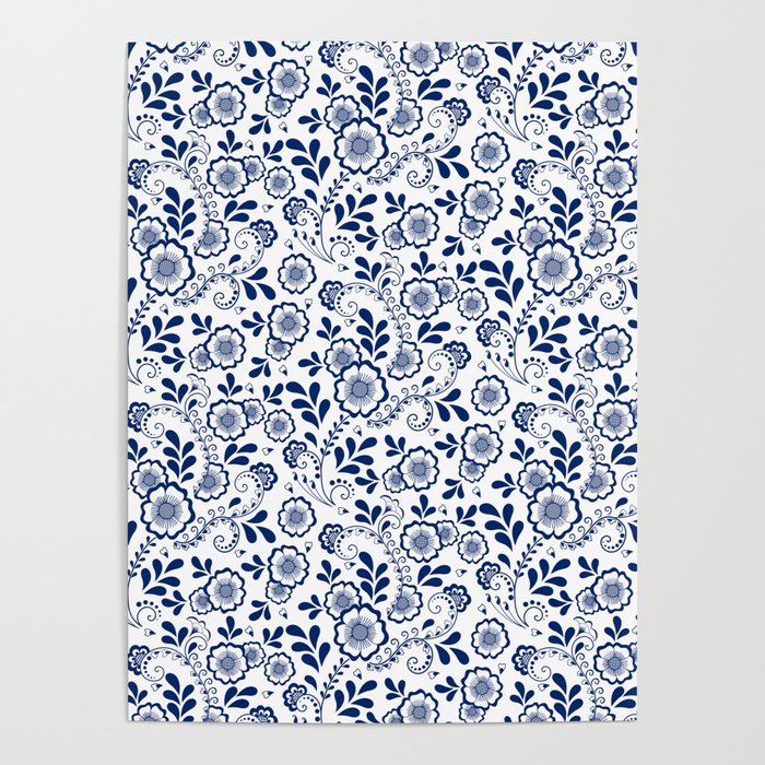 Blue Eastern Floral Pattern Poster