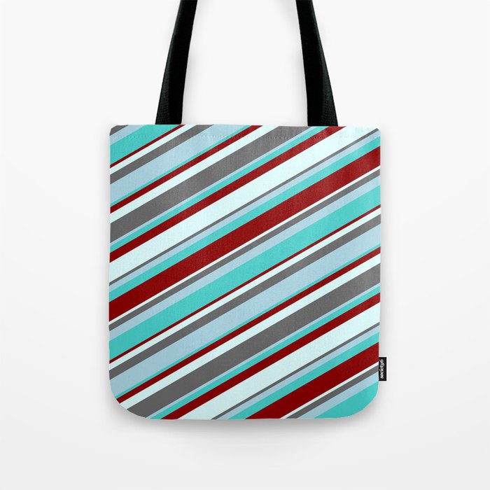 Eyecatching Dim Grey, Light Blue, Turquoise, Dark Red, and Light Cyan Colored Lines Pattern Tote Bag