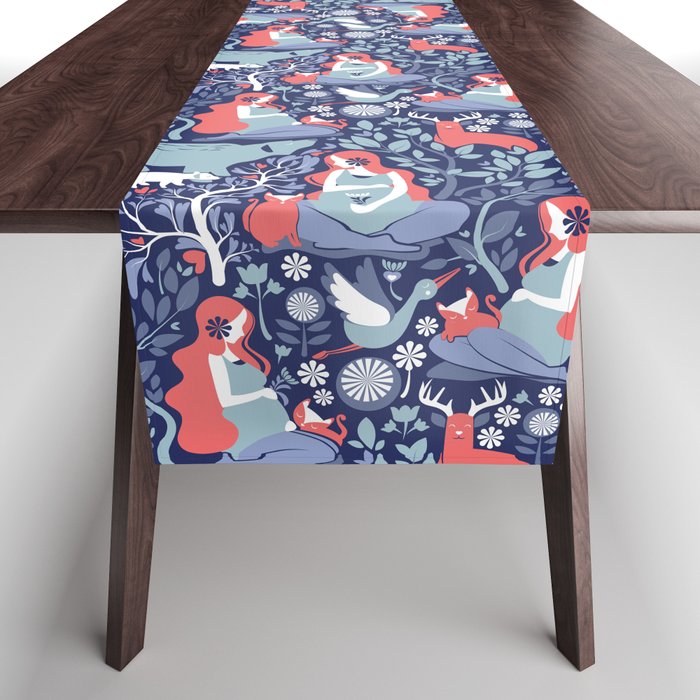 Mother Nature Scandinavian Inspiration // navy background blue and coral details Table Runner