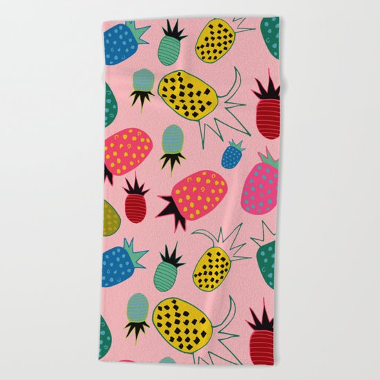 pineapple fun tropical pink Beach Towel