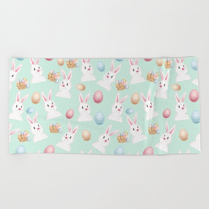Easter Bunny And Eggs Pattern- Mint Green  Beach Towel