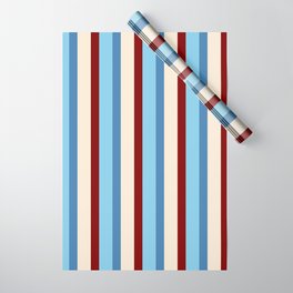 [ Thumbnail: Sky Blue, Blue, Beige & Maroon Colored Stripes Pattern Wrapping Paper ]