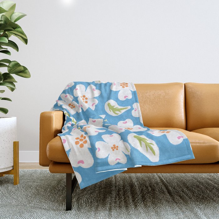 Mid-century Modern Dogwood Flowers Blue Throw Blanket