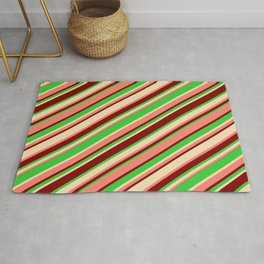 [ Thumbnail: Salmon, Maroon, Lime Green & Tan Colored Lines Pattern Rug ]