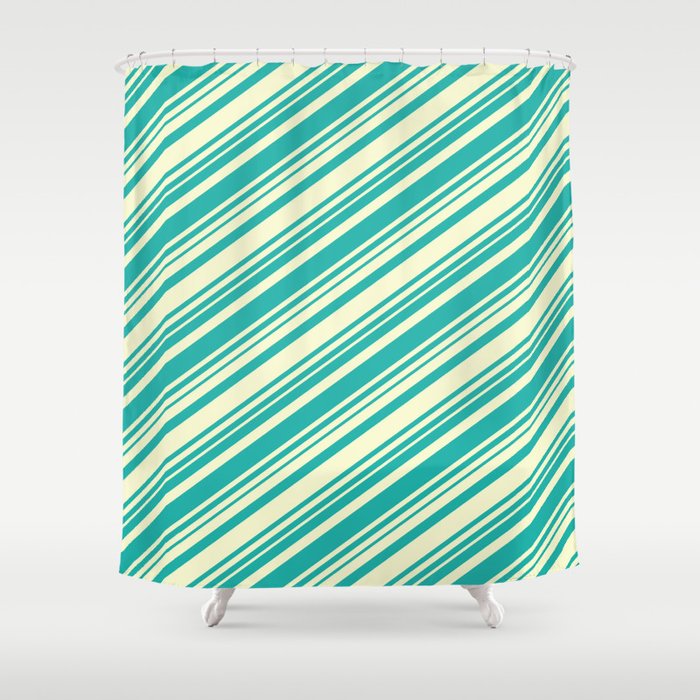 Light Yellow and Light Sea Green Colored Lines Pattern Shower Curtain