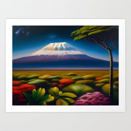 Daybreak across the plains at Mount Kilimanjaro, Tanzania, African Serengeti plains landscape painting Art Print