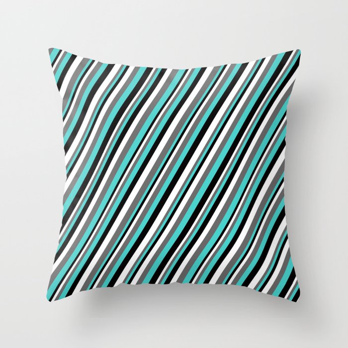 White, Dim Gray, Turquoise, and Black Colored Lined Pattern Throw Pillow