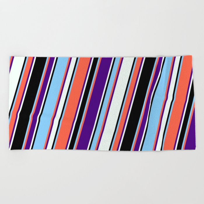 Eyecatching Red, Indigo, Mint Cream, Black, and Light Sky Blue Colored Pattern of Stripes Beach Towel