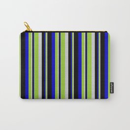 [ Thumbnail: Light Grey, Green, Blue & Black Colored Lined Pattern Carry-All Pouch ]