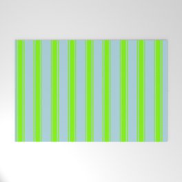 [ Thumbnail: Light Blue and Chartreuse Colored Striped Pattern Welcome Mat ]