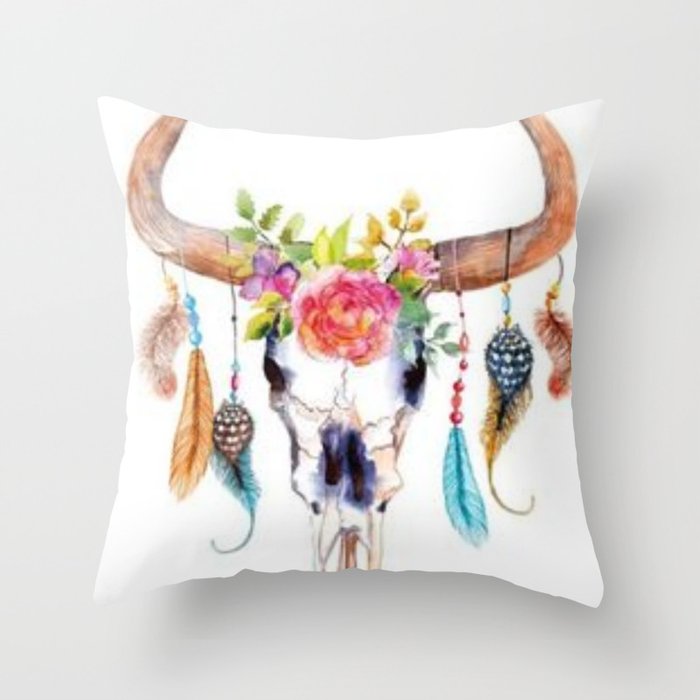 Floral and Feathers Adorned Bull Skull Throw Pillow