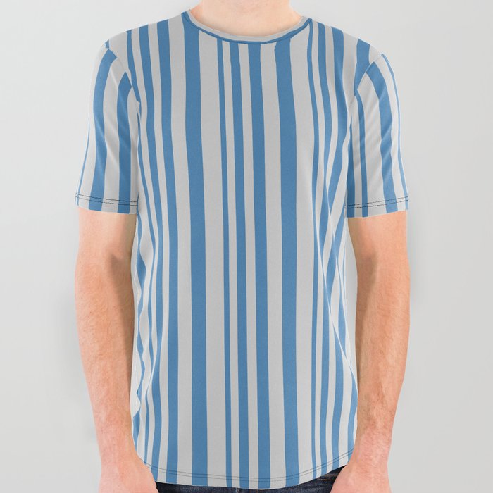Blue & Light Grey Colored Striped/Lined Pattern All Over Graphic Tee