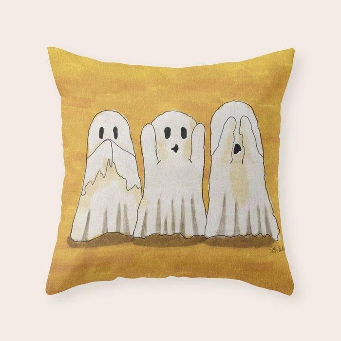 Cute Three Ghosts Mustard  Throw Pillow