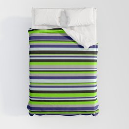 [ Thumbnail: Vibrant Chartreuse, Grey, Midnight Blue, Light Cyan & Black Colored Lined/Striped Pattern Duvet Cover ]