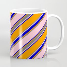 [ Thumbnail: Pink, Blue, Dark Orange, and Dim Gray Colored Pattern of Stripes Coffee Mug ]