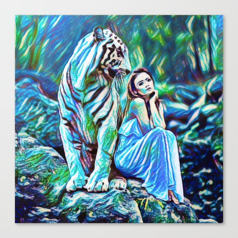 Beauty And The White Tiger Fantasy Art Painting Canvas Print