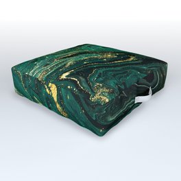 Abstract Pour Painting Liquid Marble Dark Green Teal Painting Gold Accent Outdoor Floor Cushion