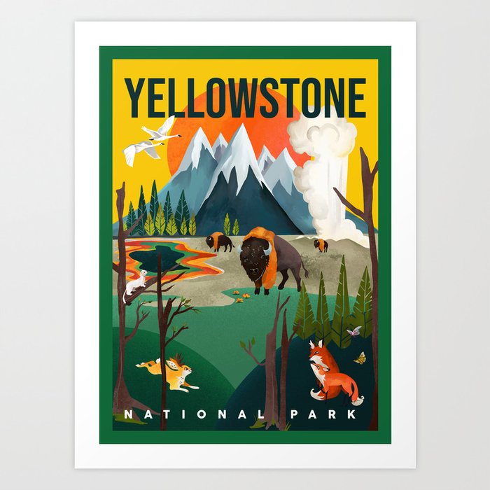 Colorful Yellowstone National Park Summer Travel Poster Art Art Print