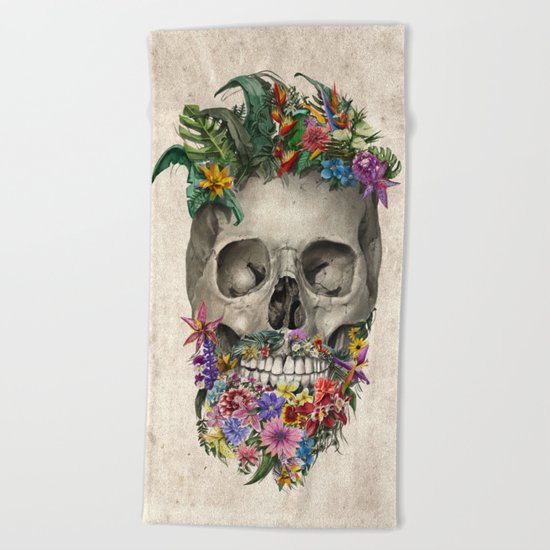 floral beard skull Beach Towel