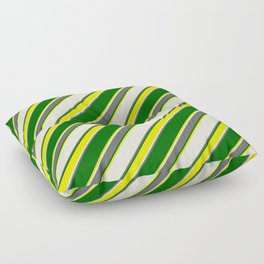 [ Thumbnail: Beige, Dim Gray, Dark Green & Yellow Colored Lined Pattern Floor Pillow ]