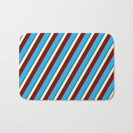 [ Thumbnail: Eyecatching Sky Blue, Dim Grey, Light Yellow, Maroon, and Deep Sky Blue Colored Lined Pattern Bath Mat ]