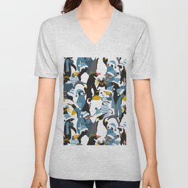 Merry penguins // black white grey dark teal yellow and coral type species of penguins blue dressed for winter and Christmas season (King, African, Emperor, Gentoo, Galápagos, Macaroni, Adèlie, Rockhopper, Yellow-eyed, Chinstrap) V Neck T Shirt