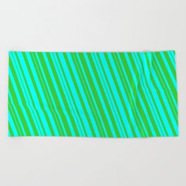 [ Thumbnail: Cyan & Lime Green Colored Lined Pattern Beach Towel ]