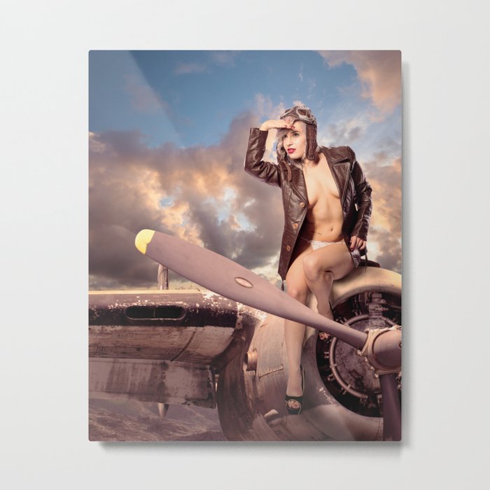"Captain Felix" - The Playful Pinup - Bomber Jacket Pin-up Girl by Maxwell H. Johnson Metal Print