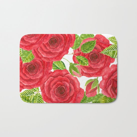 Red watercolor roses with leaves and buds pattern Bath Mat