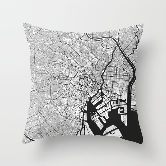 Tokyo Map Gray Throw Pillow