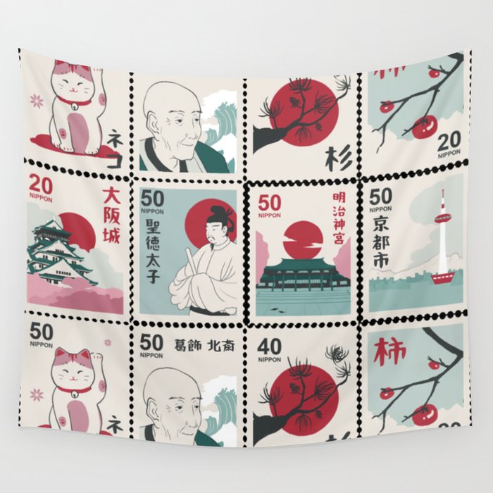 Japan Nippon Vintage Stamps Collection Wall Tapestry