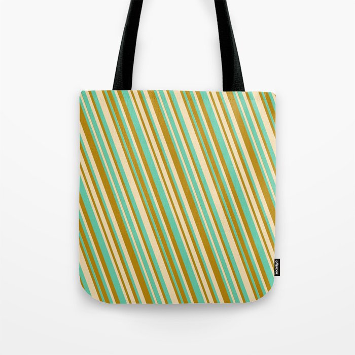 Tan, Aquamarine & Dark Goldenrod Colored Striped/Lined Pattern Tote Bag