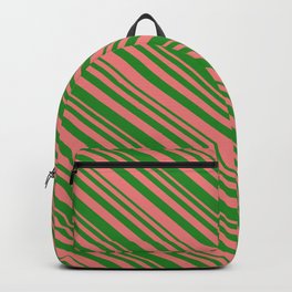 [ Thumbnail: Forest Green & Light Coral Colored Pattern of Stripes Backpack ]