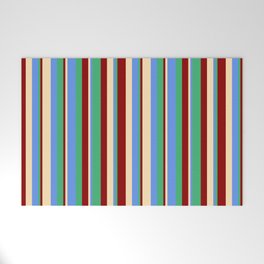 [ Thumbnail: Beige, Cornflower Blue, Sea Green, and Dark Red Colored Lines/Stripes Pattern Welcome Mat ]