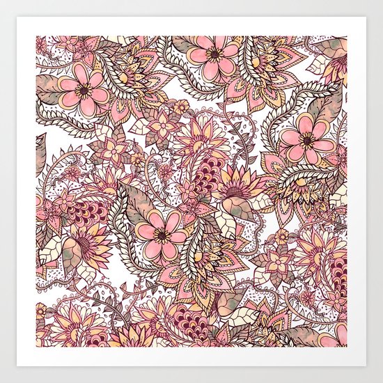 Boho chic red brown floral hand drawn pattern Art Print