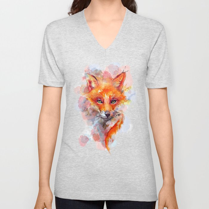 Watercolor colorful Fox V Neck T Shirt
