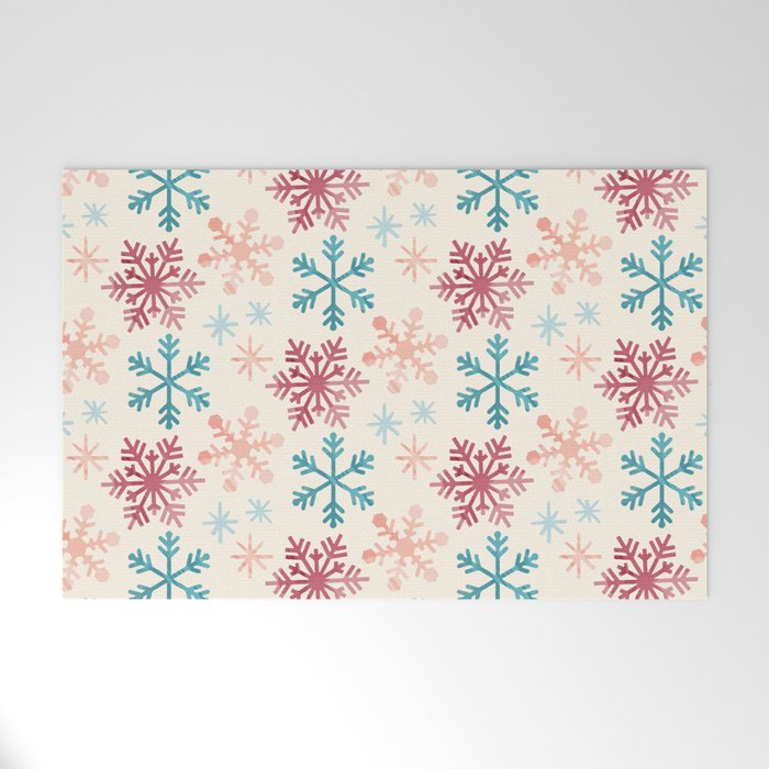 Christmas Pattern Watercolor Snowflake Pink Blue Welcome Mat