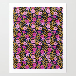 Corncockle Bouquet in Pink and Yellow on Dark Blue Art Print