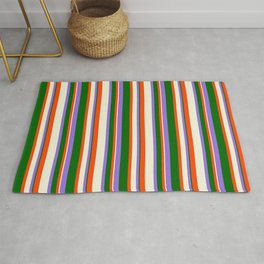 [ Thumbnail: Purple, Dark Green, Red & Beige Colored Pattern of Stripes Rug ]