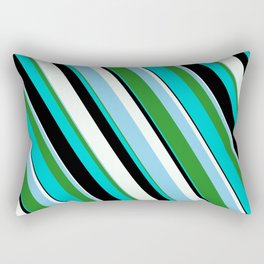[ Thumbnail: Eye-catching Mint Cream, Sky Blue, Forest Green, Dark Turquoise & Black Colored Pattern of Stripes Rectangular Pillow ]