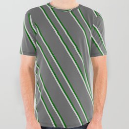 [ Thumbnail: Dim Grey, Dark Green, and Light Grey Colored Stripes Pattern All Over Graphic Tee ]