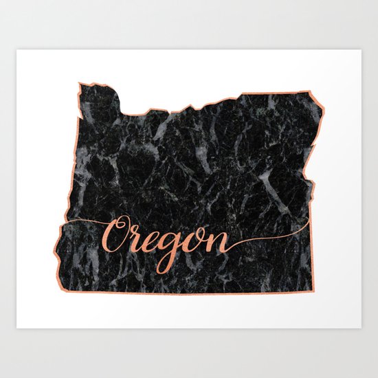 Oregon Rosegold Marble Map Outline Art Print