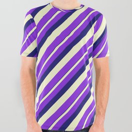 [ Thumbnail: Midnight Blue, Light Yellow, and Purple Colored Striped/Lined Pattern All Over Graphic Tee ]