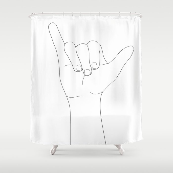 Minimal Line Art Shaka Hand Gesture Shower Curtain