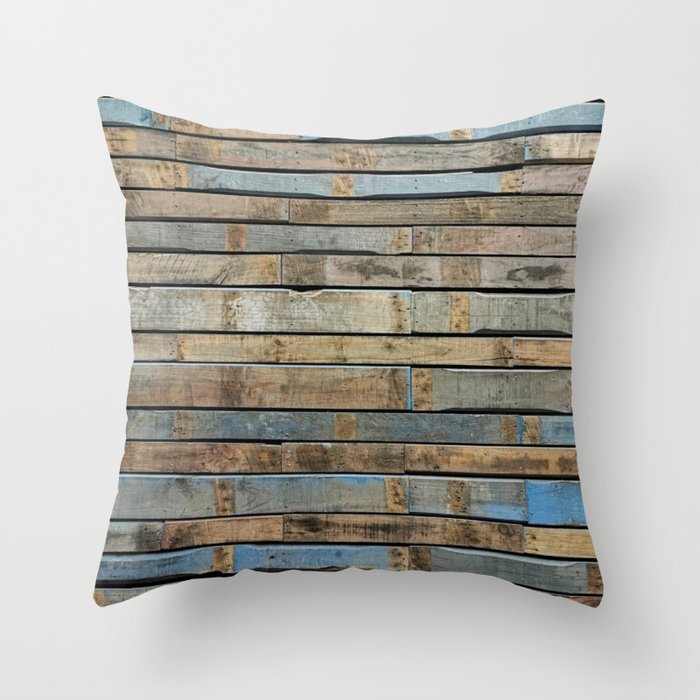 distressed wood wall - Blue and brown planks Throw Pillow