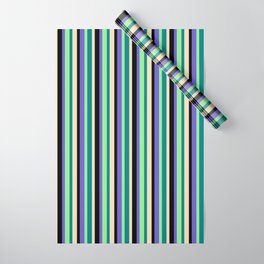[ Thumbnail: Eye-catching Slate Blue, Black, Tan, Teal & Light Green Colored Stripes/Lines Pattern Wrapping Paper ]