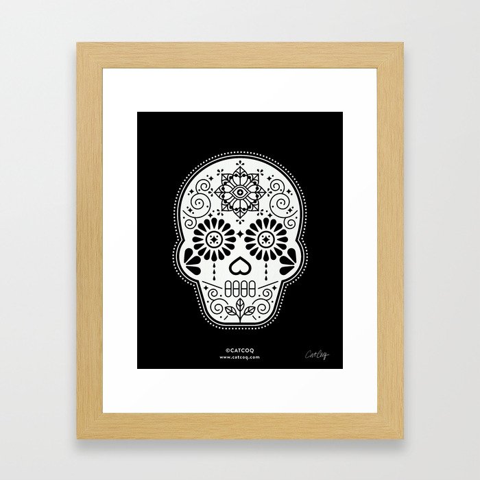 Día de Muertos Calavera • Mexican Sugar Skull – White on Black Palette Framed Art Print